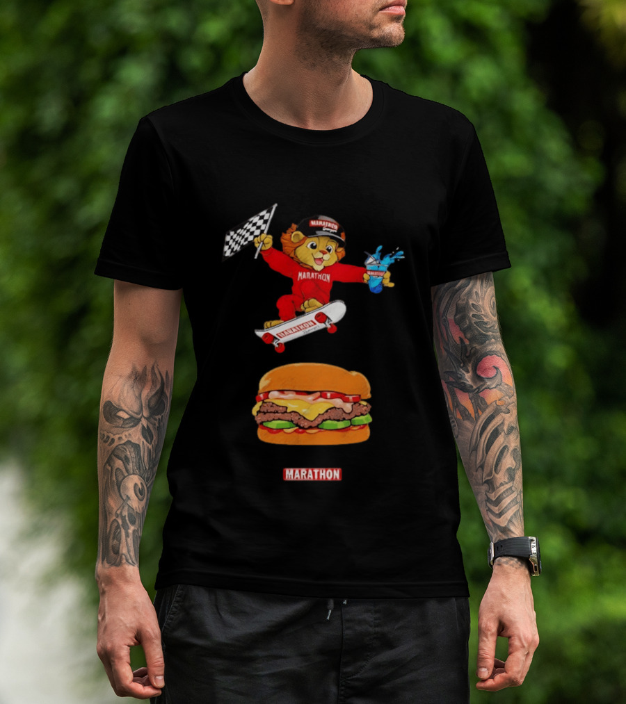 Marathon Lion Skateboarding Checkered Flag Cheeseburger T-Shirt