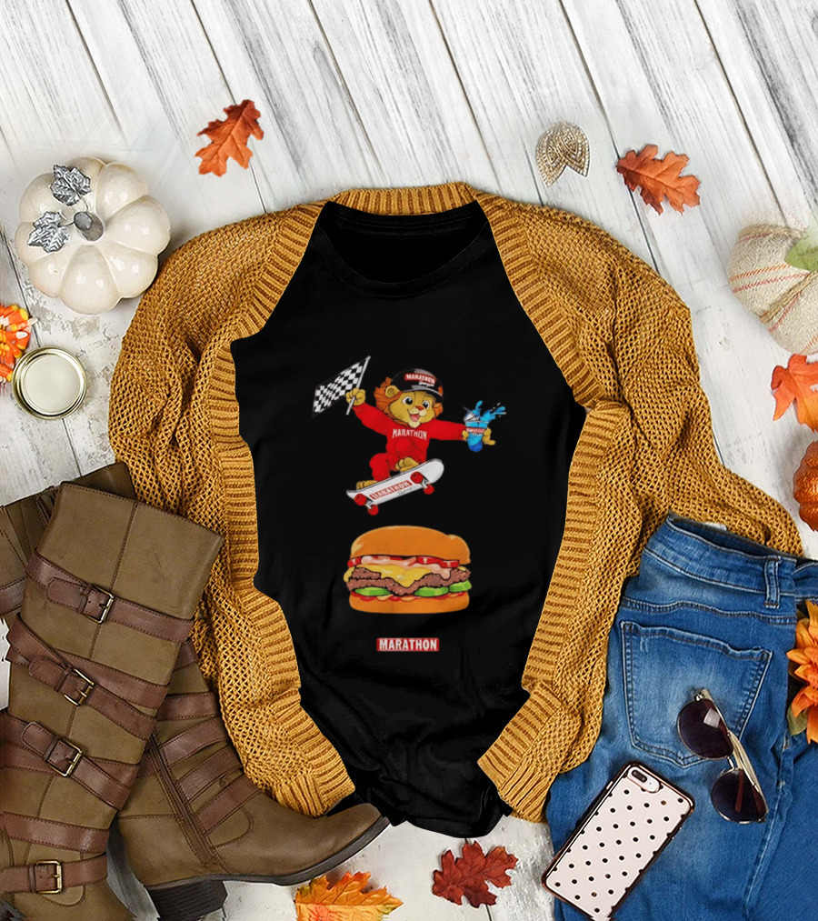 Marathon Lion Skateboarding Checkered Flag Cheeseburger T-Shirt