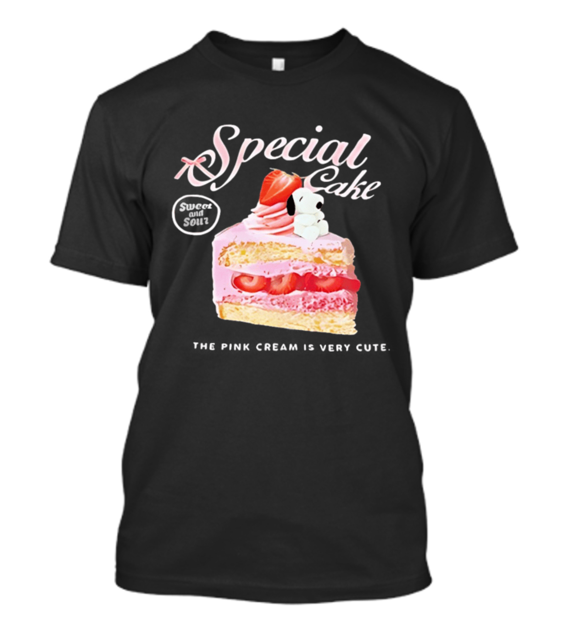 Special Cake Pink Cream With Strawberry And Snoopy T-Shirt