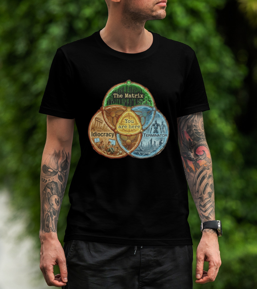 The Matrix Idiocracy Terminator You Are Here Fusion Of Iconic Sci Fi Dystopias T-Shirt