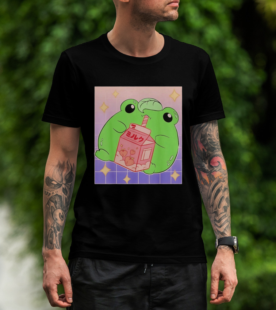Frog With Peach Milk Box Kawaii Cartoon T-Shirt