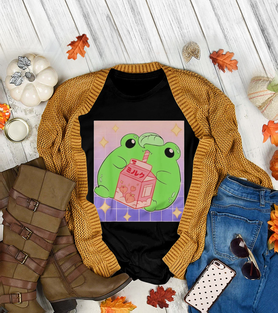 Frog with Peach Milk Box Kawaii Cartoon T-Shirt