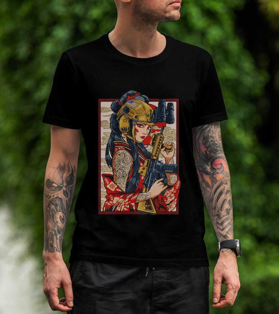 Geisha Anime Tactical Card Warrior With Helmet And Rifle T-Shirt