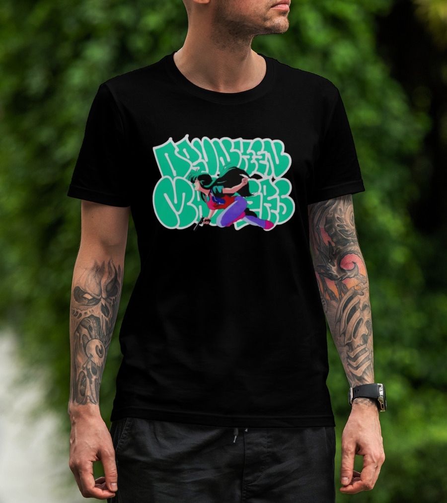 Drunken Masters Anime Girl Green Graffiti Gun Action T-Shirt