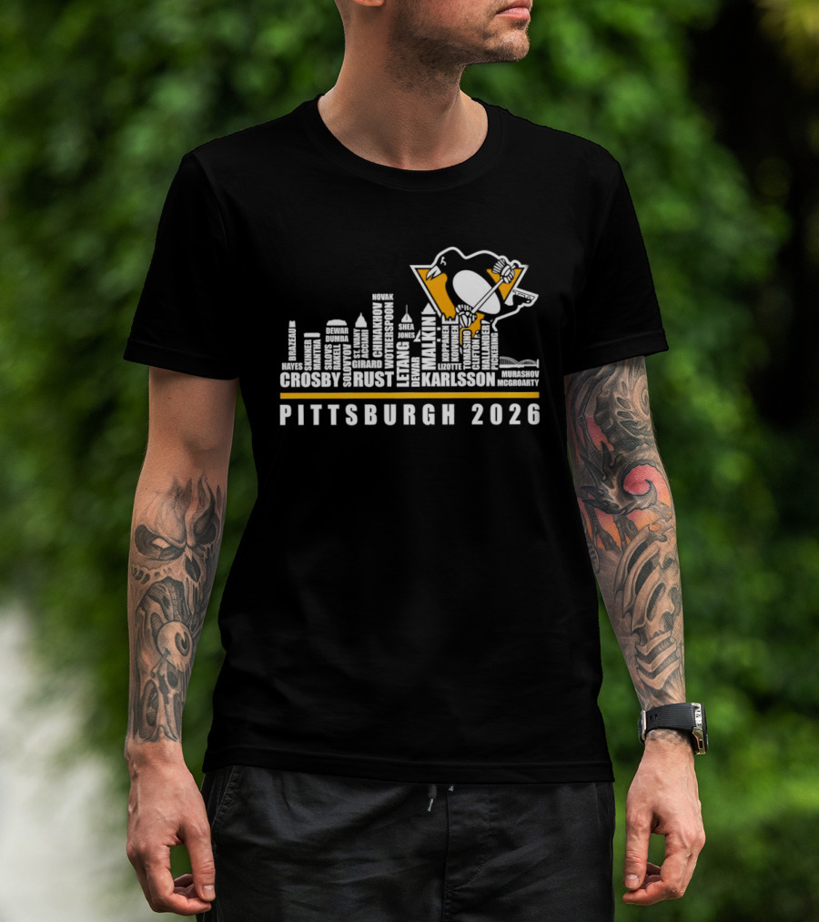 Pittsburgh Penguins Crosby Malkin Letang Karlsson Skyline 2026 T-Shirt