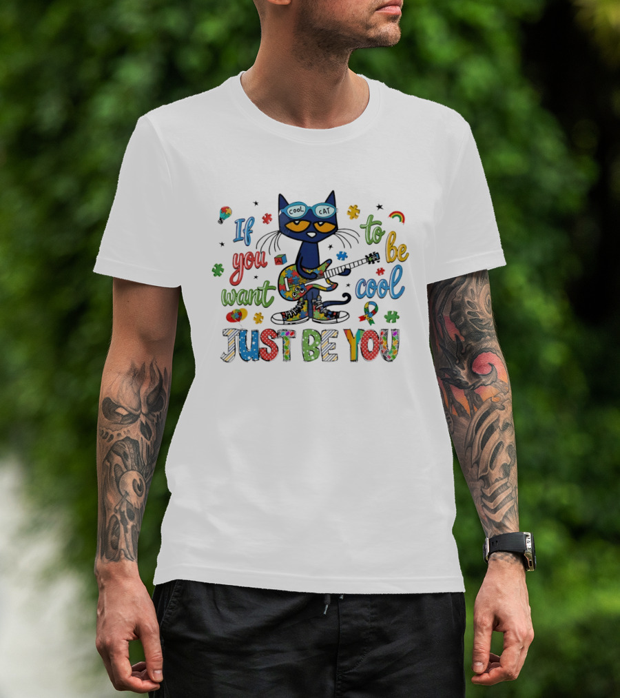 Cool Cat Just Be You Autism Puzzle Guitar T-Shirt