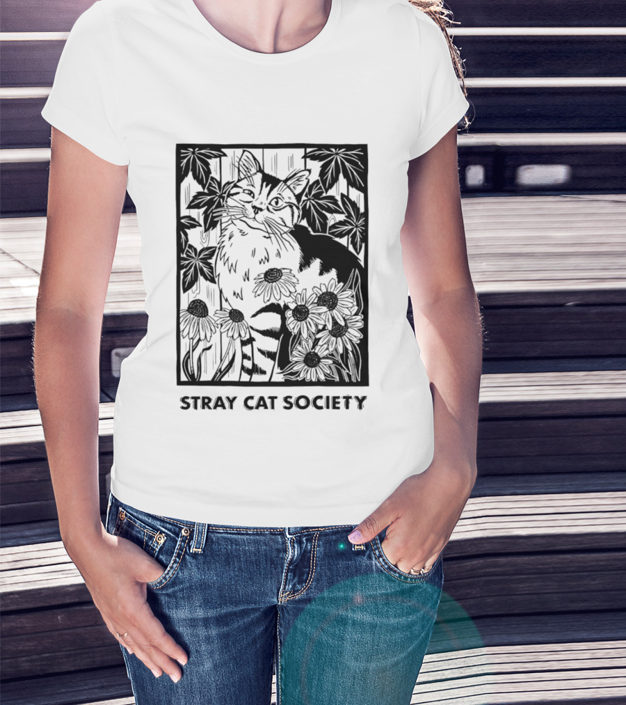 Stray Cat Society Floral And Feline Illustration With Botanical T-Shirt