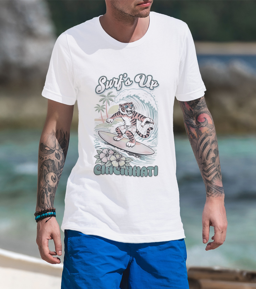 Surf's Up Cincinnati Tiger Riding Wave With Palm Trees And Sunset T-Shirt