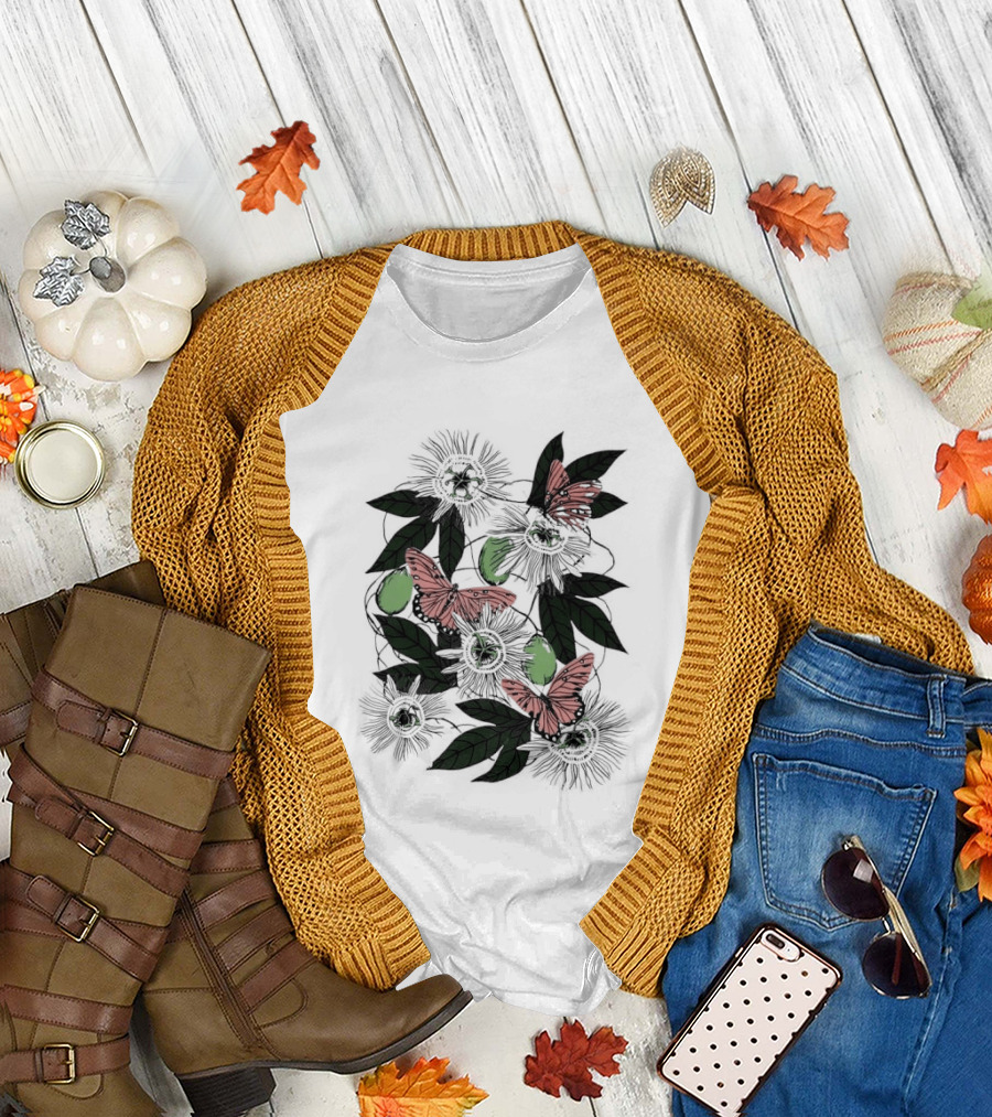 Passion Flower Pistachio incarnata Red Butterflies Adult T-Shirt