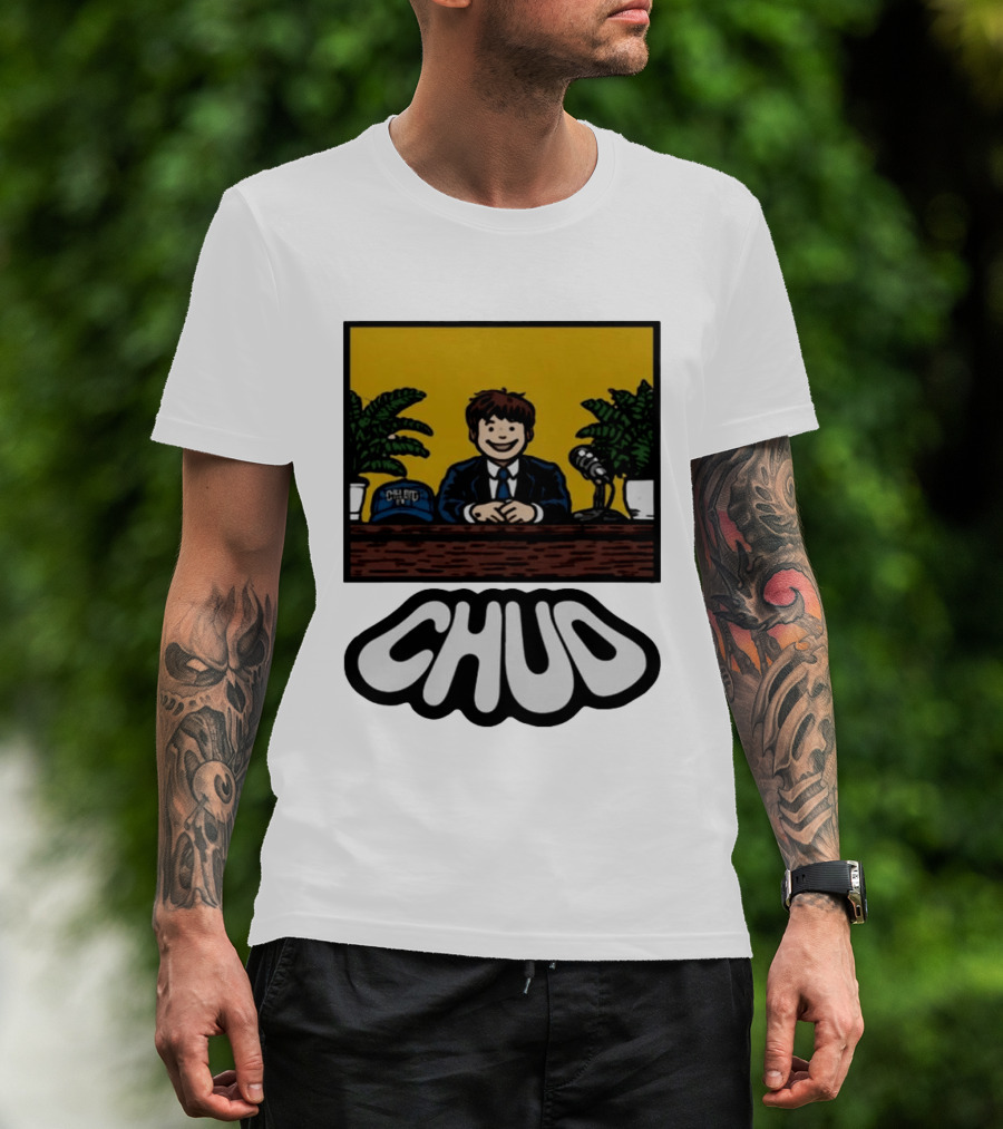 Fuentes Store Chud Comic Style Desk Scene With Microphone And Cap T-Shirt