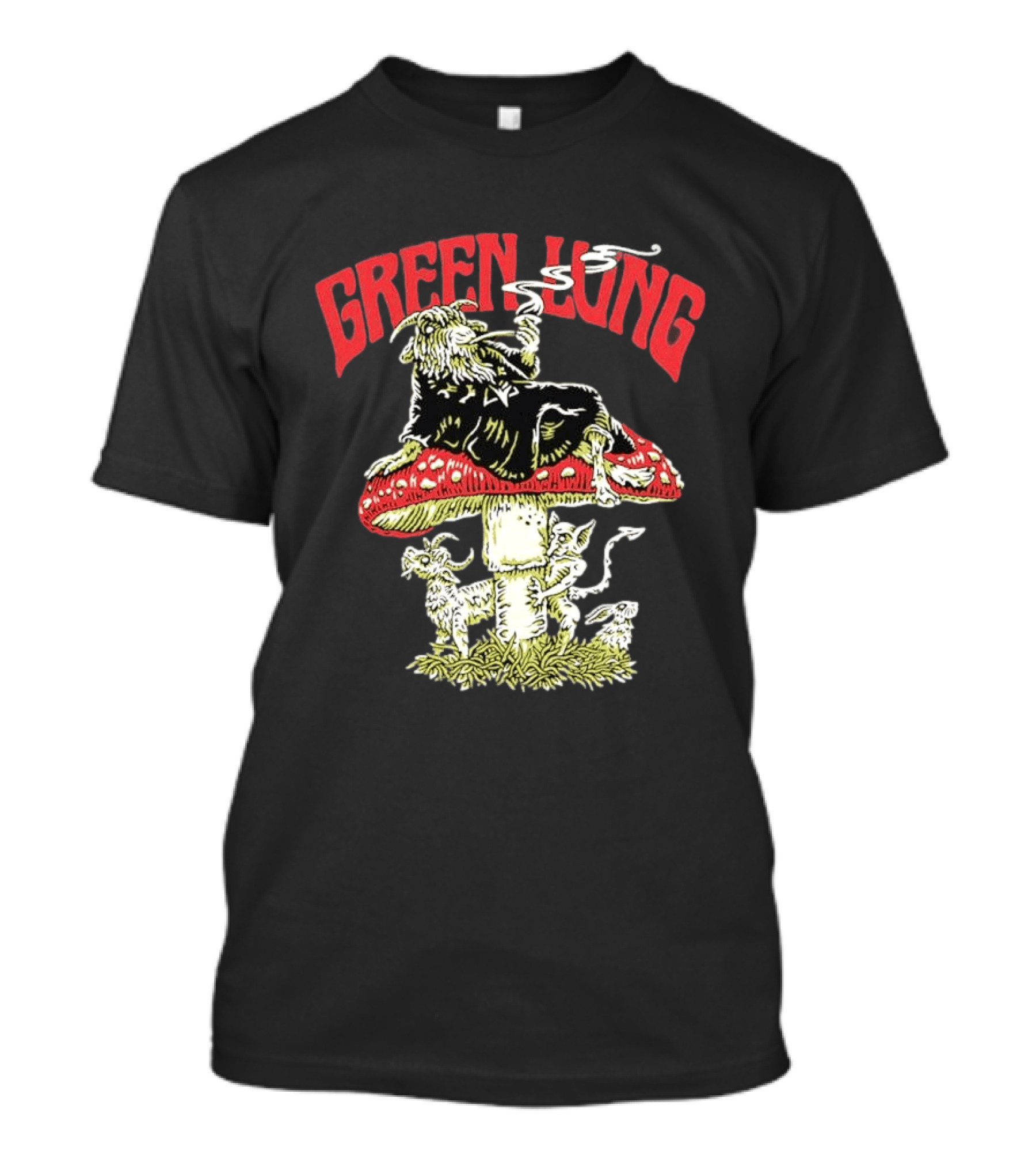 Green Lung Band Goat Smoking On Mushroom Old English Black Magic T-Shirt