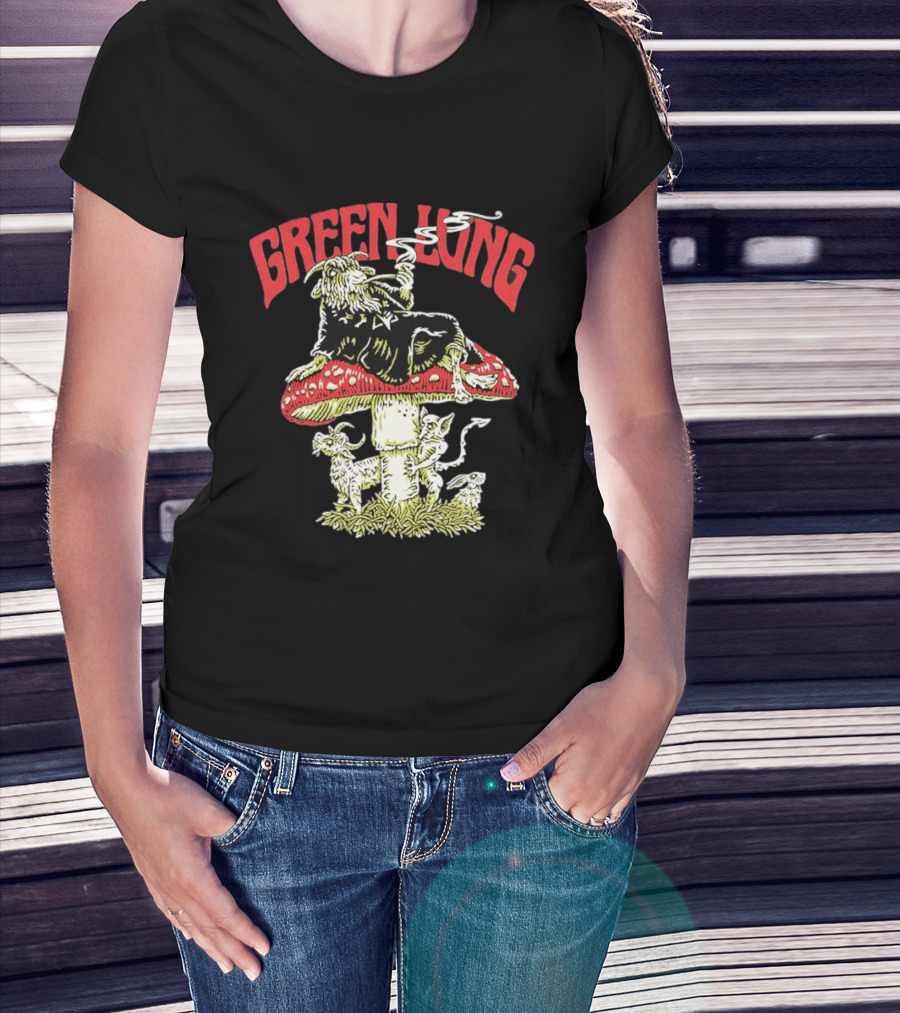 Green Lung Band Goat Smoking On Mushroom Old English Black Magic T-Shirt
