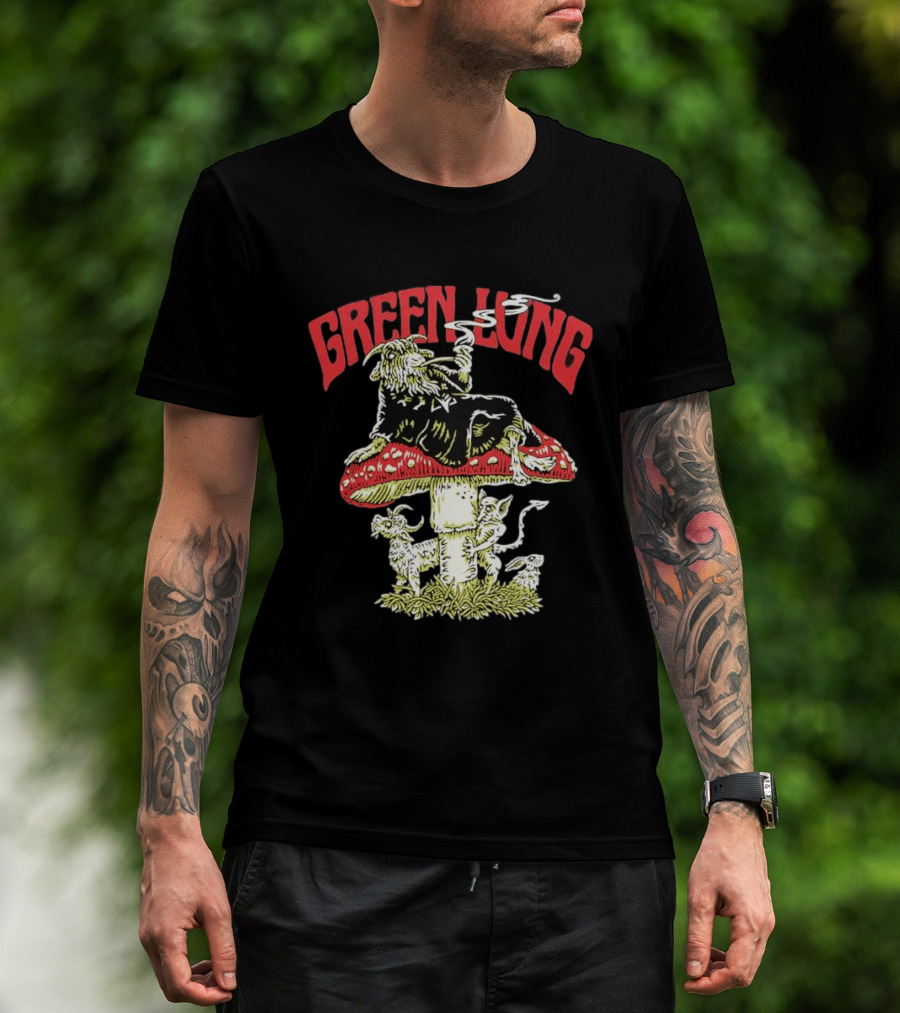 Green Lung Band Goat Smoking On Mushroom Old English Black Magic T-Shirt