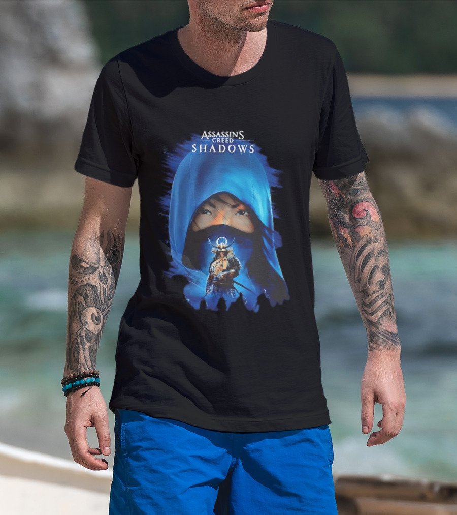 Assassin's Creed Shadows Blue Cloaked Figure With Samurai Warrior T-Shirt