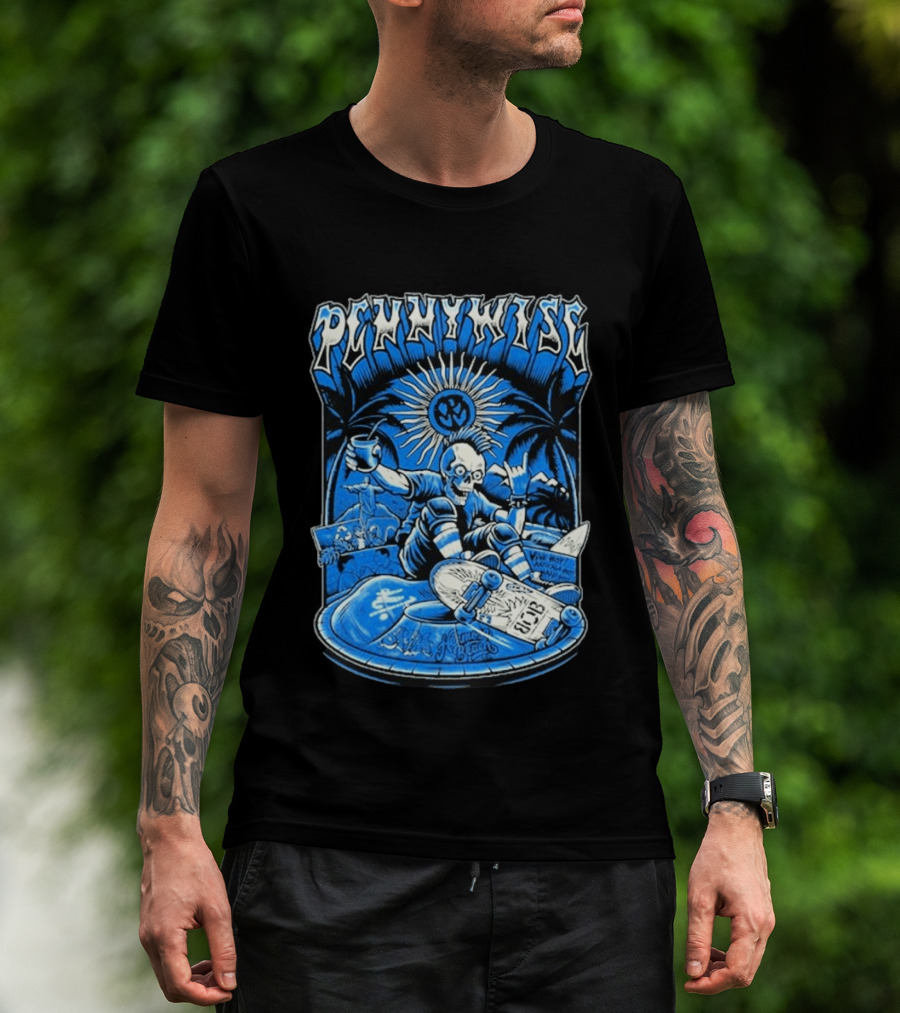 Pennywise South America Tour 2026 Skater Beach Scene With Skeleton And Skateboard Palms Waves Cup Blue Sunburst T-Shirt