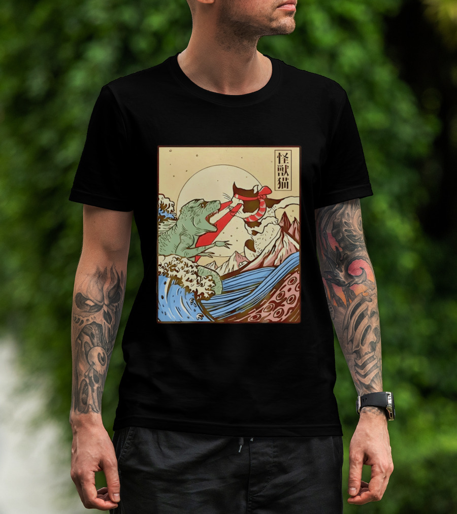 Japanese Great Wave Cat Vs Monster Classic Kaiju T-Shirt