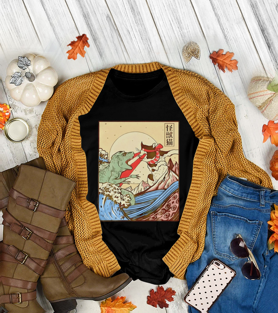 Japanese Great Wave Cat vs Monster Classic Kaiju T-Shirt