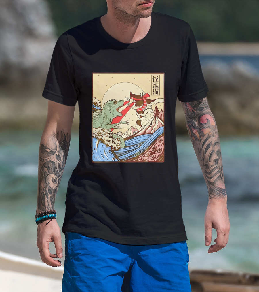 Japanese Great Wave Cat Vs Monster Classic Kaiju T-Shirt