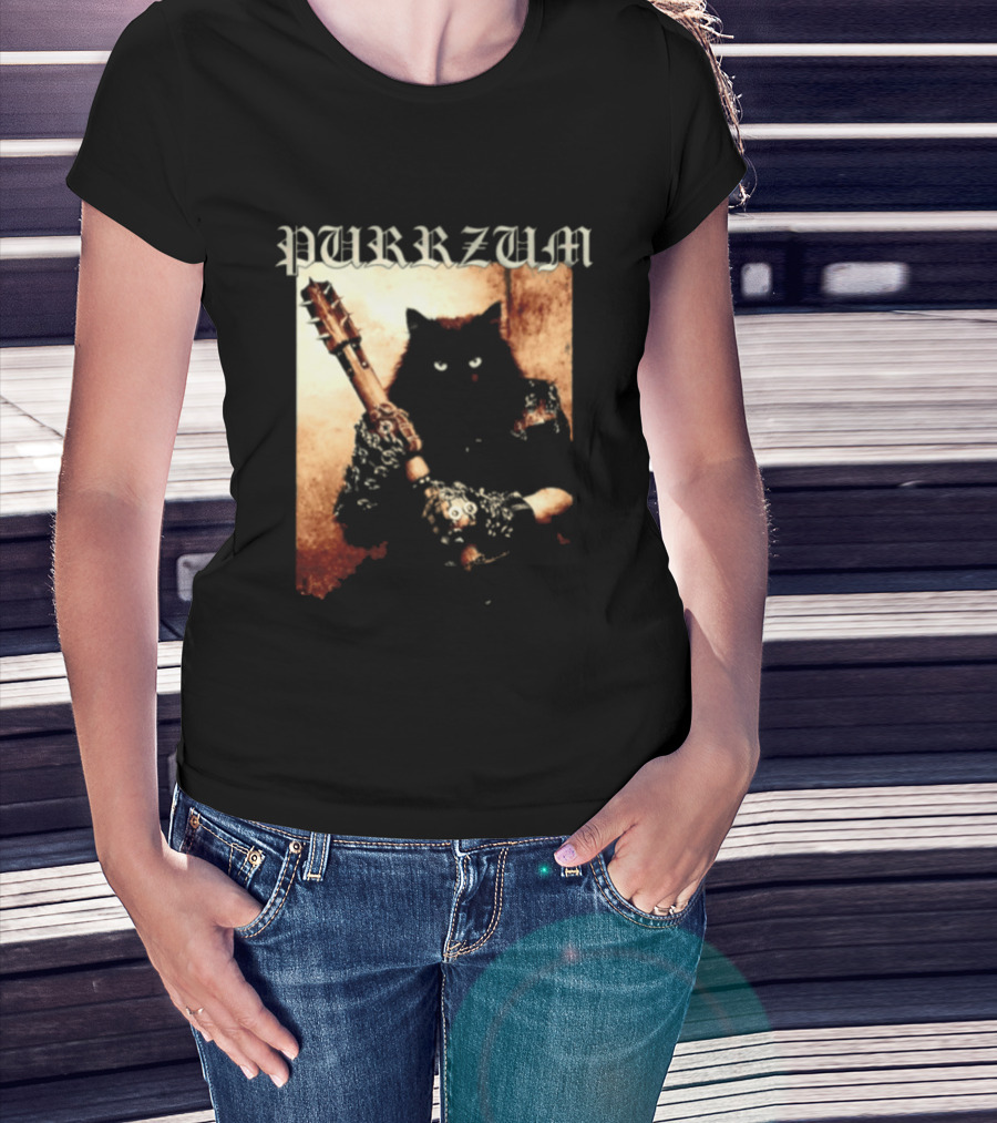 Purrzum Cat Black Metal Aesthetic Feline Holding Guitar T-Shirt