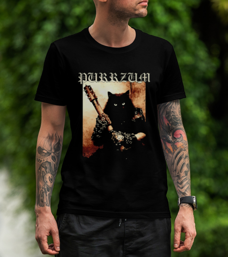 Purrzum Cat Black Metal Aesthetic Feline Holding Guitar T-Shirt