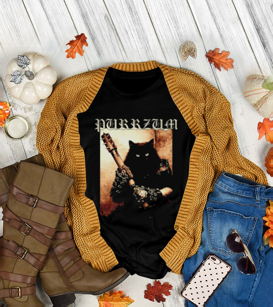 Purrzum Cat Black Metal Aesthetic Feline Holding Guitar T-Shirt