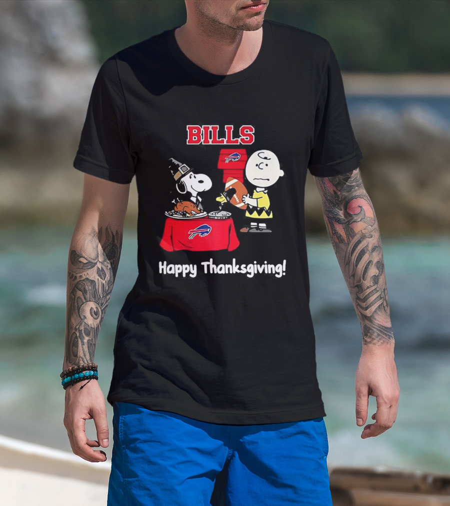 Snoopy And Charlie Brown Celebrate Buffalo Bills Happy Thanksgiving T-Shirt