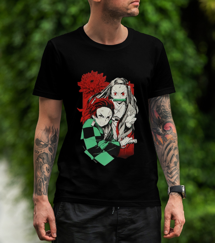 Tanjiro And Nezuko Demon Slayer Manga Red Flower T-Shirt
