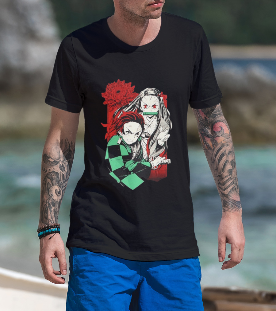 Tanjiro And Nezuko Demon Slayer Manga Red Flower T-Shirt