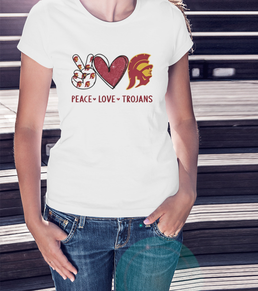 USC Trojans Peace Love Hand Sign Heart Shape T-Shirt