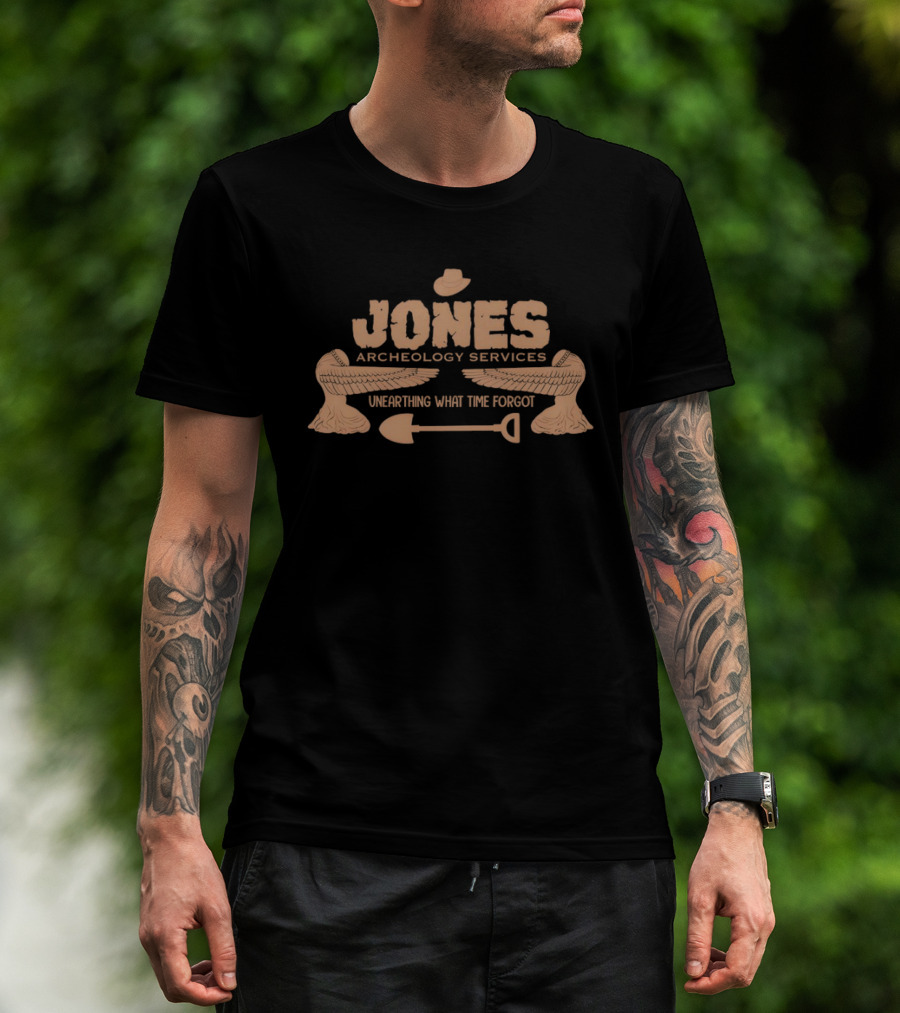 Jones Archaeology Services Unearthing What Time Forgot Adventure Shovel Winged Hat T-Shirt