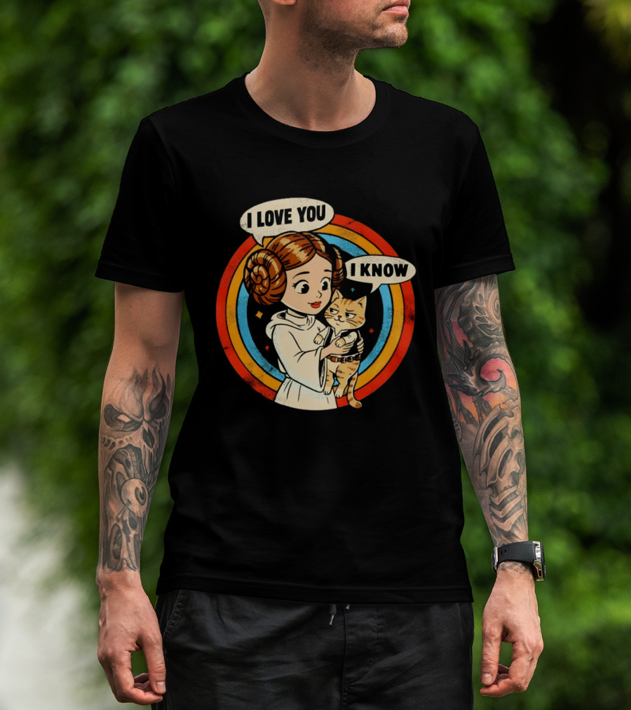 Princess Leia Style Girl Holding Cat I Love You I Know Retro 70s Cartoon T-Shirt