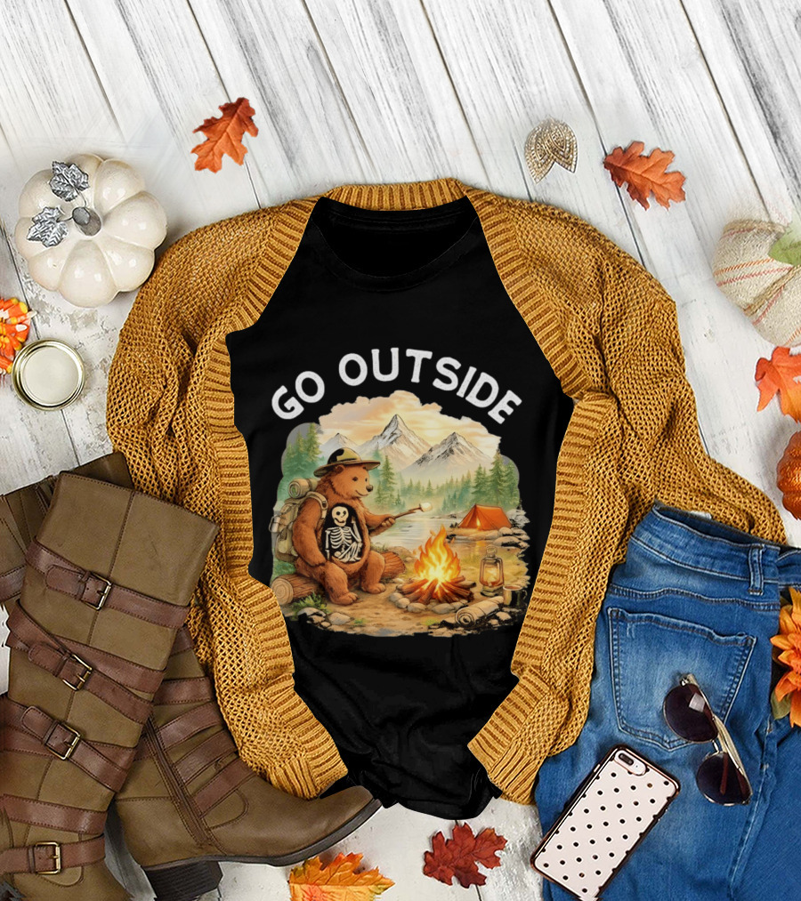Hiking Bear Campfire Skeleton Inside Bear's Stomach Go Outside T-Shirt