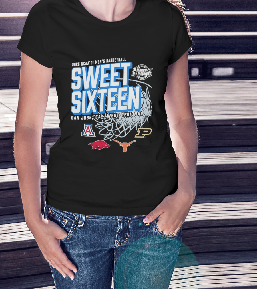 2026 NCAA DI Men's Basketball Sweet Sixteen San Jose West Regional Arizona Arkansas Texas Purdue Logos T-Shirt
