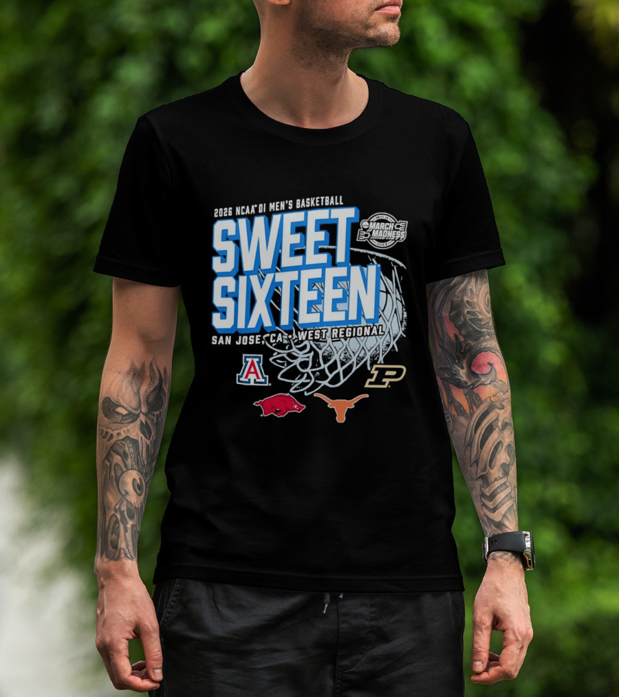 2026 NCAA DI Men's Basketball Sweet Sixteen San Jose West Regional Arizona Arkansas Texas Purdue Logos T-Shirt