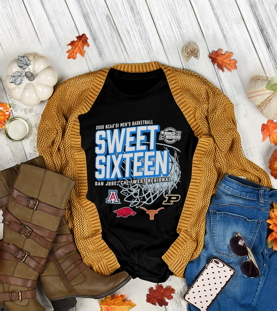2026 NCAA DI Men's Basketball Sweet Sixteen San Jose West Regional Arizona Arkansas Texas Purdue Logos T-Shirt
