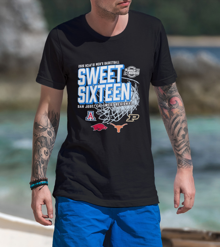 2026 NCAA DI Men's Basketball Sweet Sixteen San Jose West Regional Arizona Arkansas Texas Purdue Logos T-Shirt