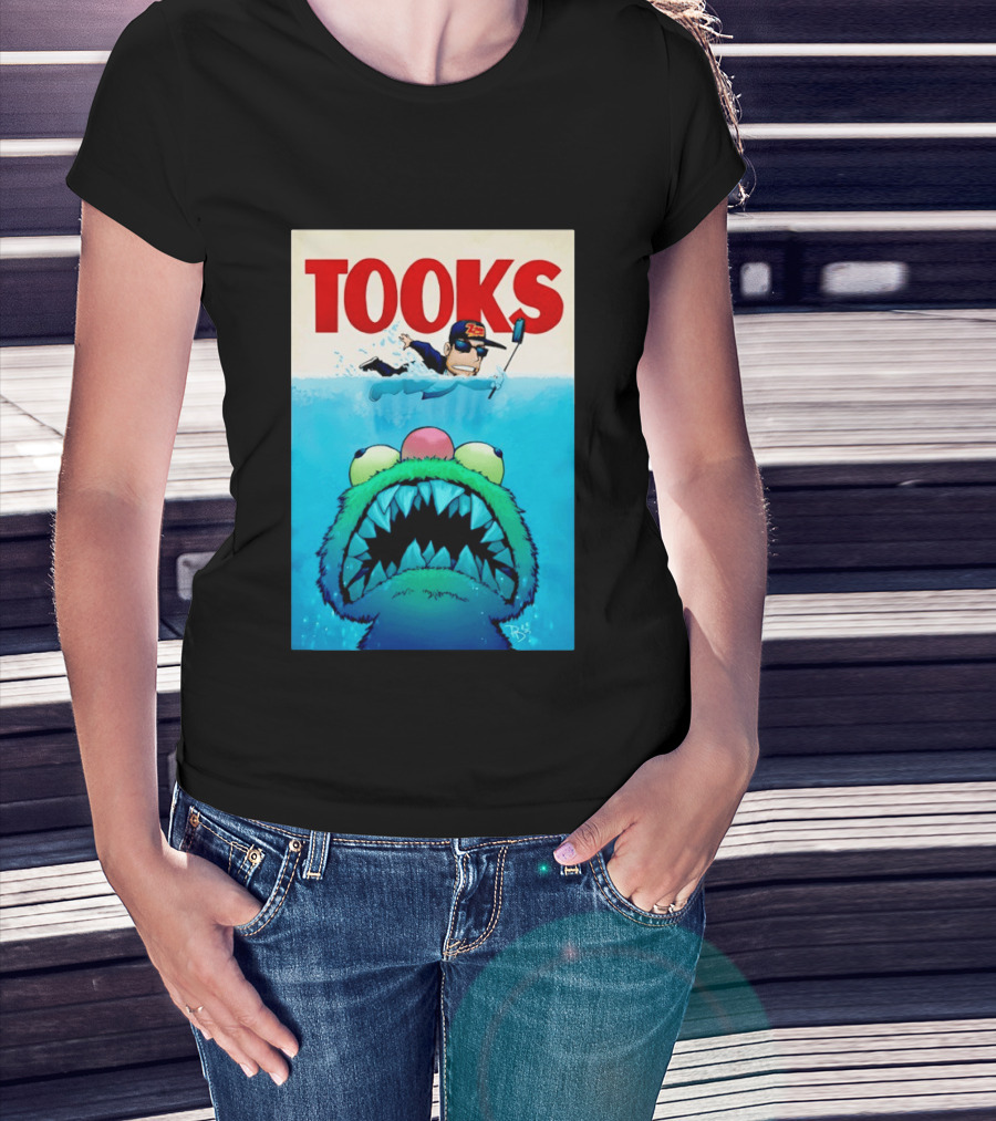 TOOKS Cartoon Giant Monster Inspired By Jaws With Diver And Cap T-Shirt