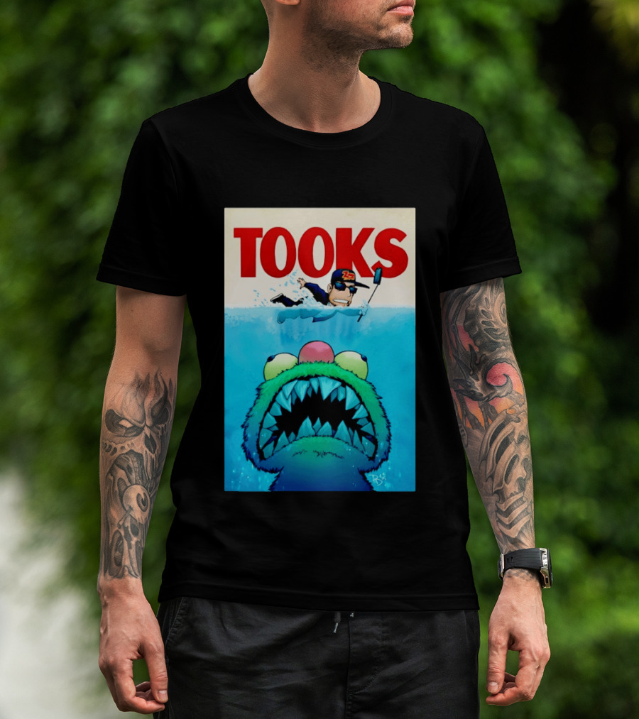 TOOKS Cartoon Giant Monster Inspired By Jaws With Diver And Cap T-Shirt