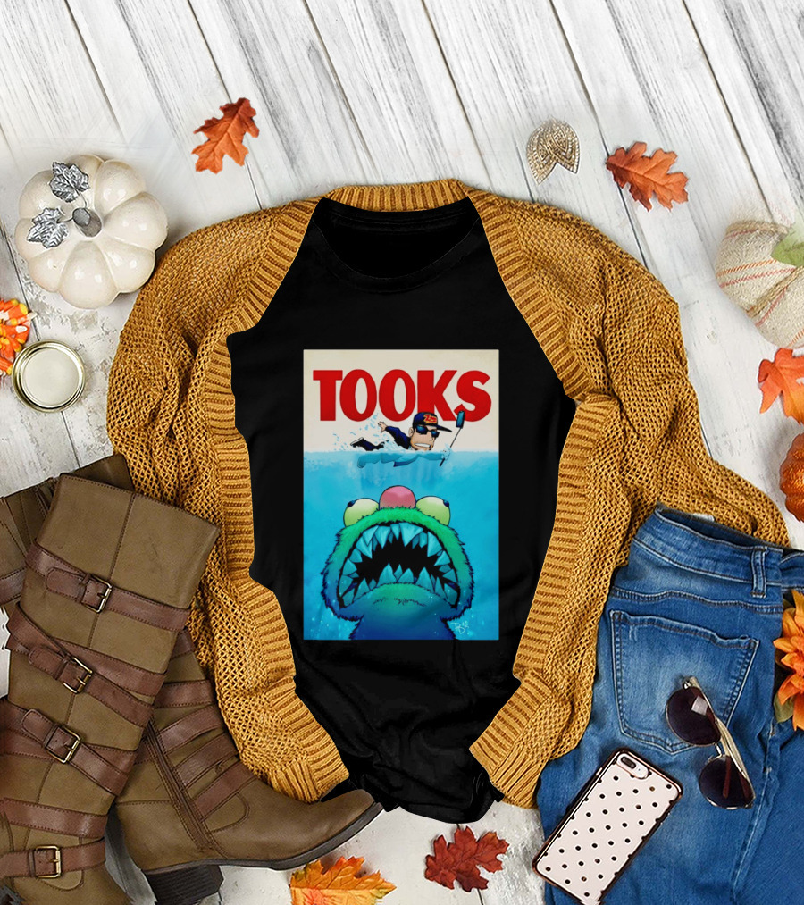 TOOKS Cartoon Giant Monster Inspired by Jaws with Diver and Cap T-Shirt