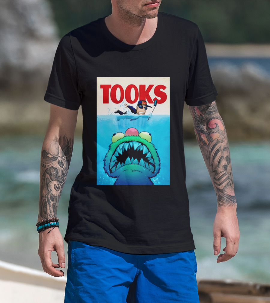 TOOKS Cartoon Giant Monster Inspired By Jaws With Diver And Cap T-Shirt