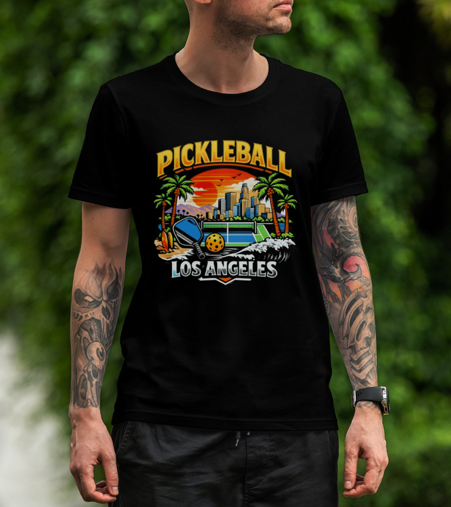 Los Angeles Pickleball City Skyline Sunset Palm Trees T-Shirt
