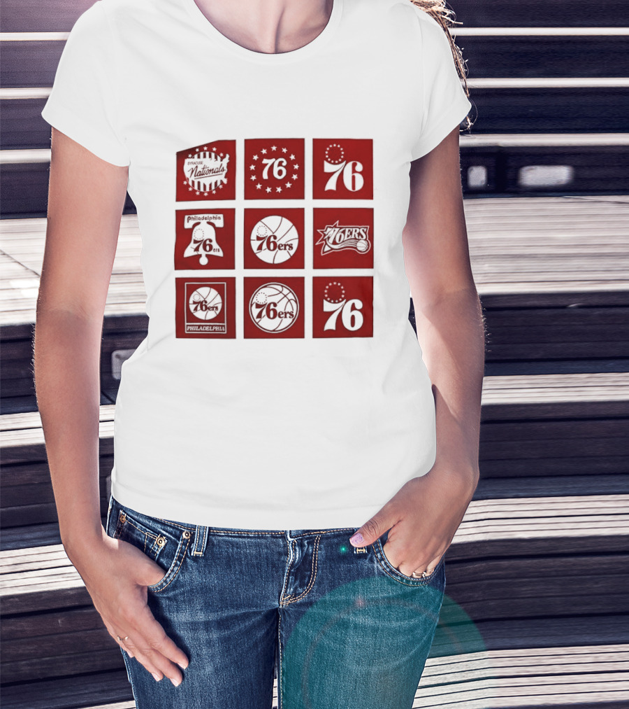 Philadelphia 76ers NBA Team Retro Icons And Number 76 Basketball Squares T-Shirt
