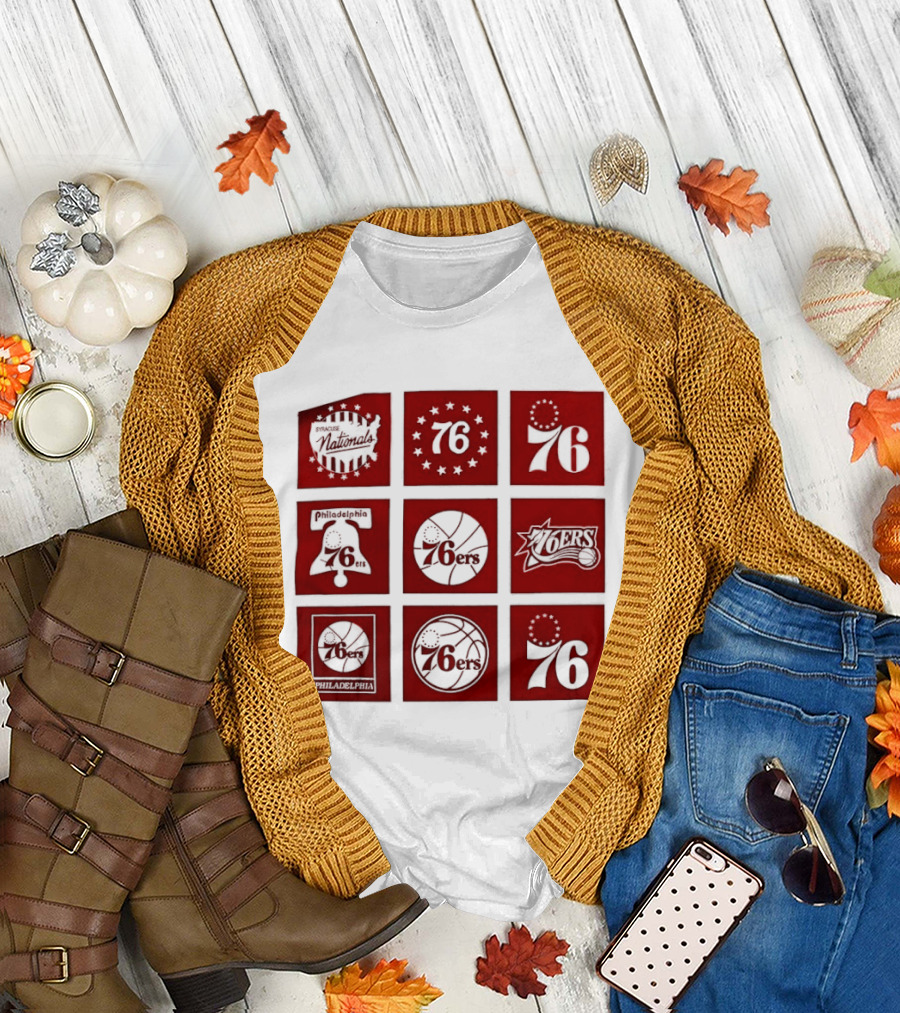 Philadelphia 76ers NBA Team Retro Icons and Number 76 Basketball Squares T-Shirt