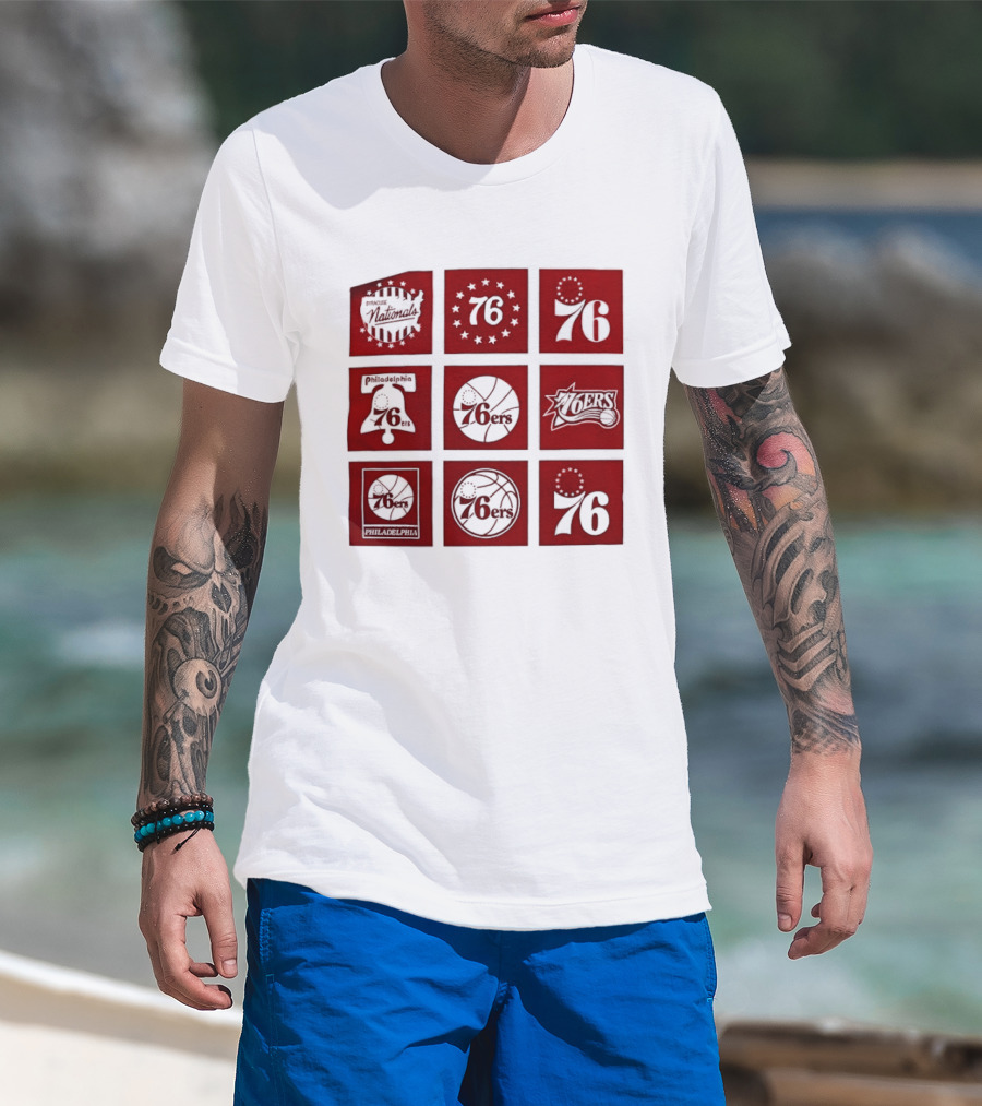 Philadelphia 76ers NBA Team Retro Icons And Number 76 Basketball Squares T-Shirt
