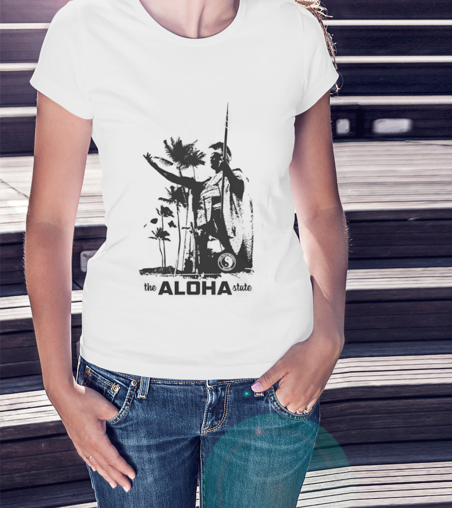 The Aloha State Ka Black White Hawaiian King Statue Palms T-Shirt