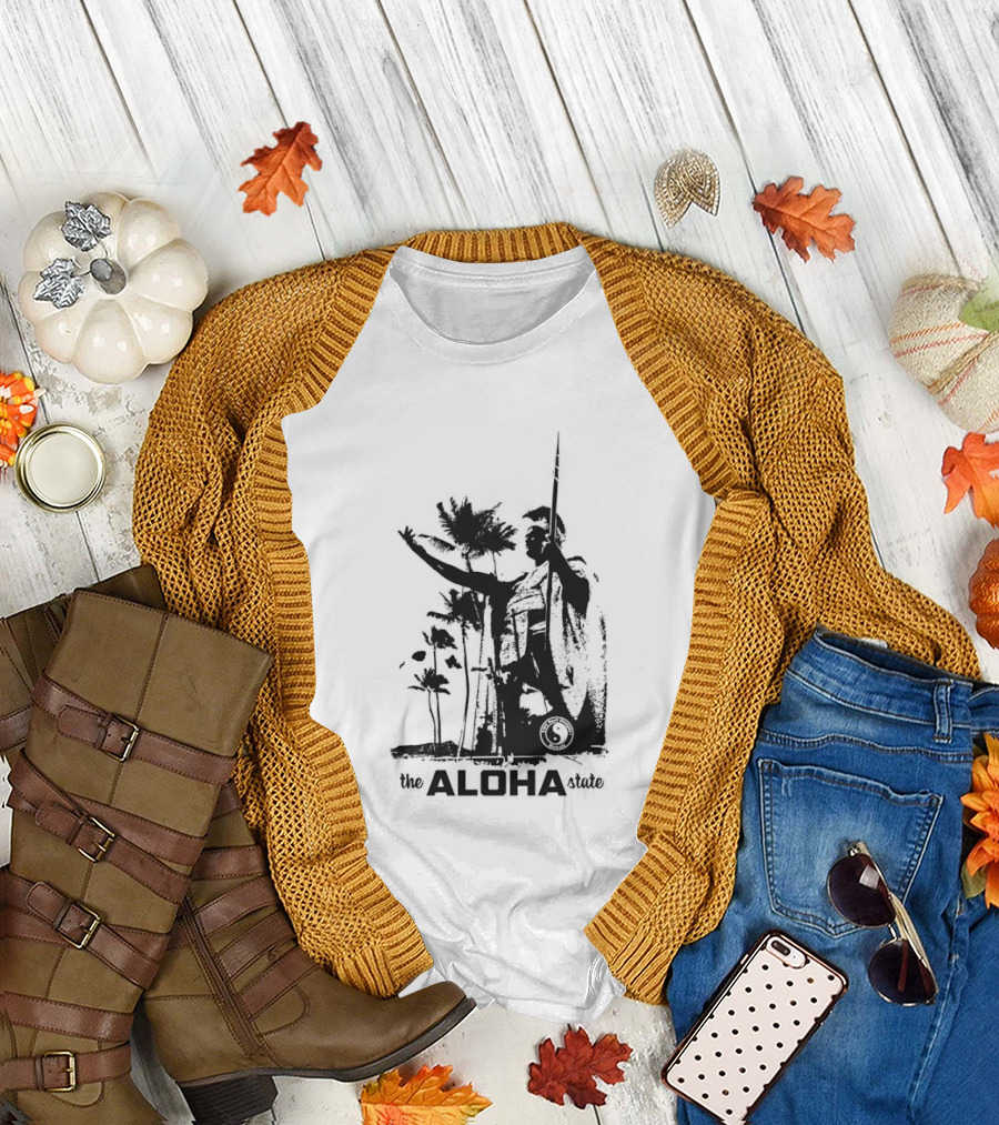 The Aloha State Ka Black White Hawaiian King Statue Palms T-Shirt
