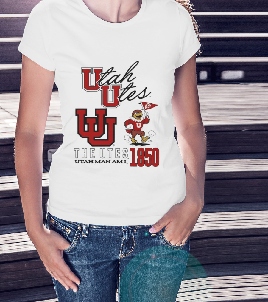 Utah Utes The Utes Utah Man Am I 1850 UU Holding Flag T-Shirt