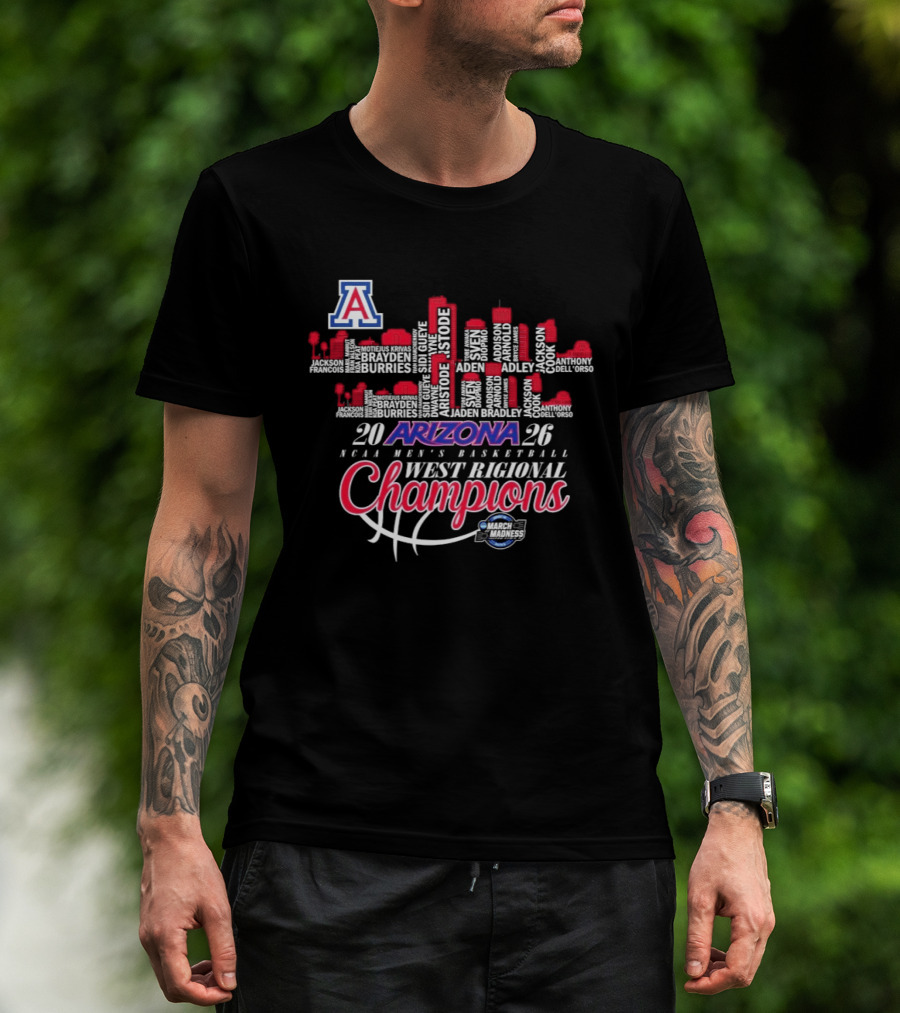 Arizona Wildcats 2026 NCAA Men's Basketball West Regional Champions Skyline T-Shirt