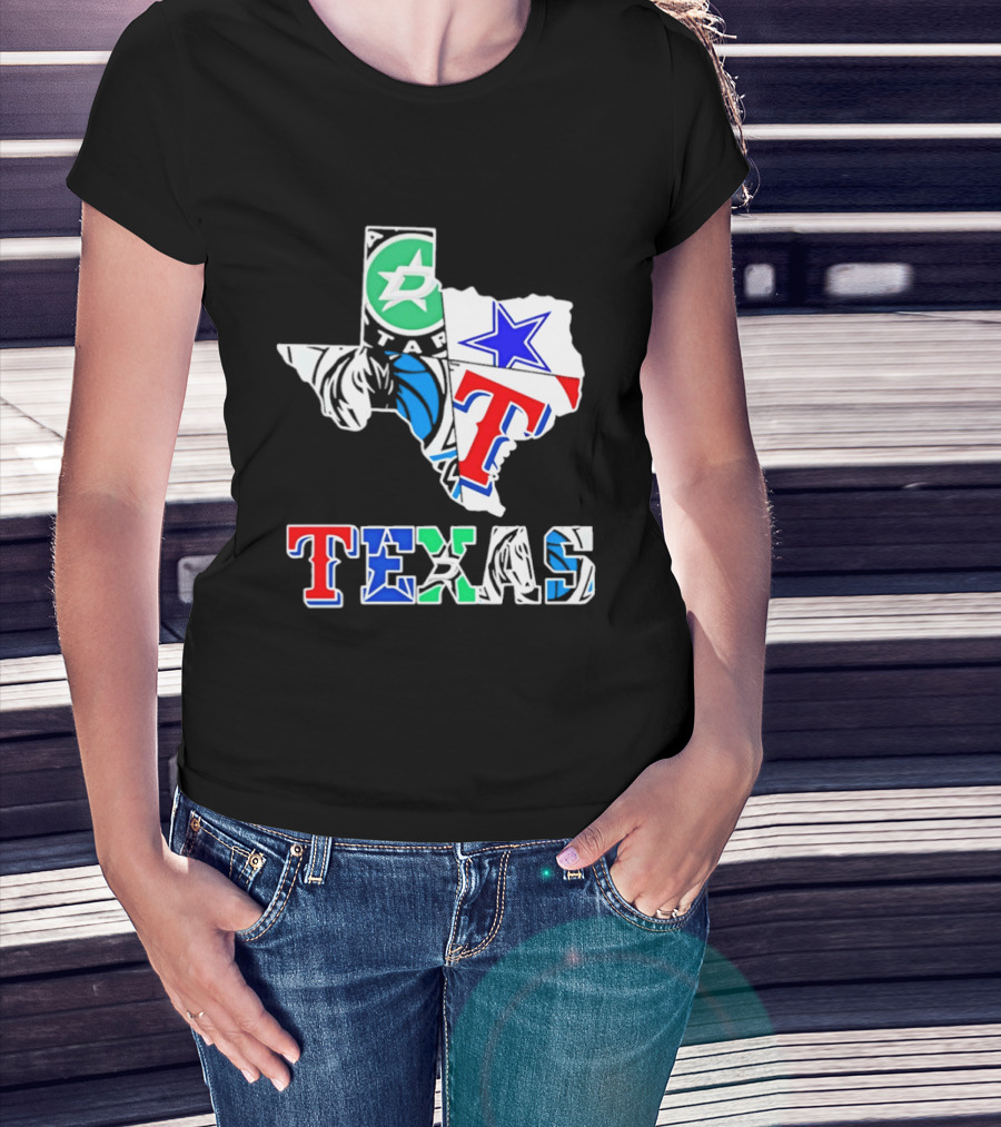 Texas Dallas Stars Mavericks Cowboys Rangers Sports Map T-Shirt