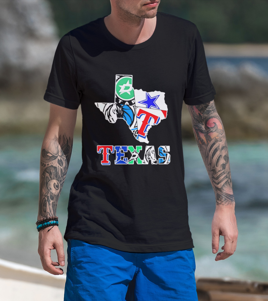 Texas Dallas Stars Mavericks Cowboys Rangers Sports Map T-Shirt